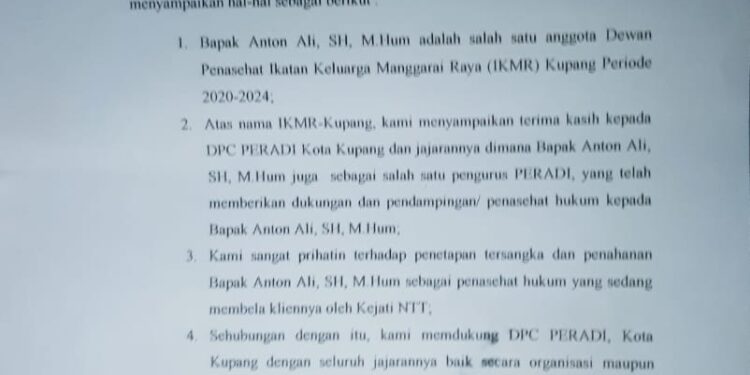 Ikatan Keluarga Manggarai Raya Dukung Langkah PERADI Kota Kupang dan Kuasa Hukum Ali Antonius, SH, MHum